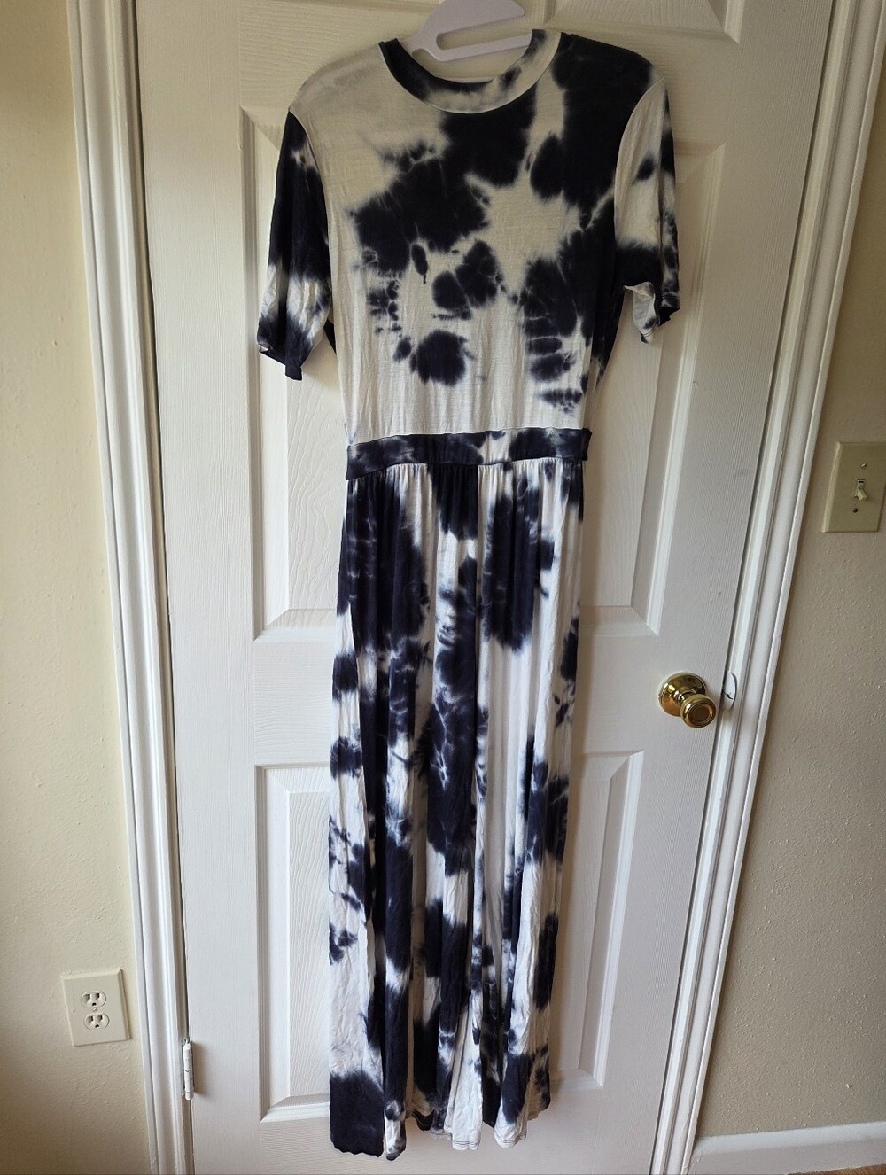 Dressed in Lala Tie Dye Jumpsuit M Navy White Short Sleeves Wide Leg Indie Boho
